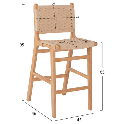 Barstool Medium-height Hm9332.01 Rubberwood & Rope- Natural Color 45x46x95hcm.