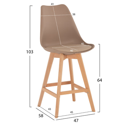 Bar Stool Vegas Hm8000.55 Medium Height Cappuccino Polypropylene Natural Beech Wood 47x58x100hcm.