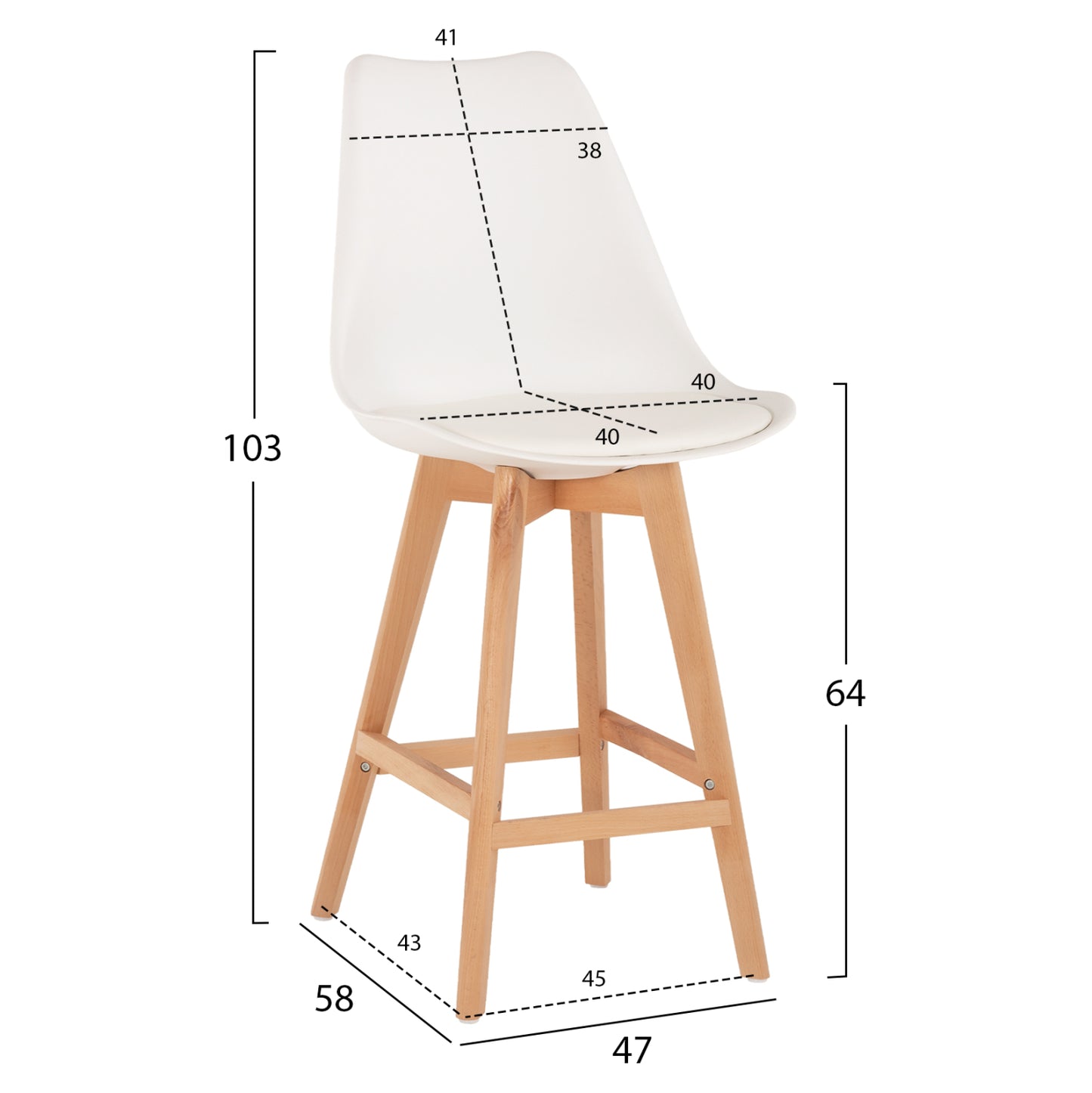 Bar Stool Vegas Hm8000.21 Medium Height White Polypropylene Natural Beech Wood 47x58x100hcm.