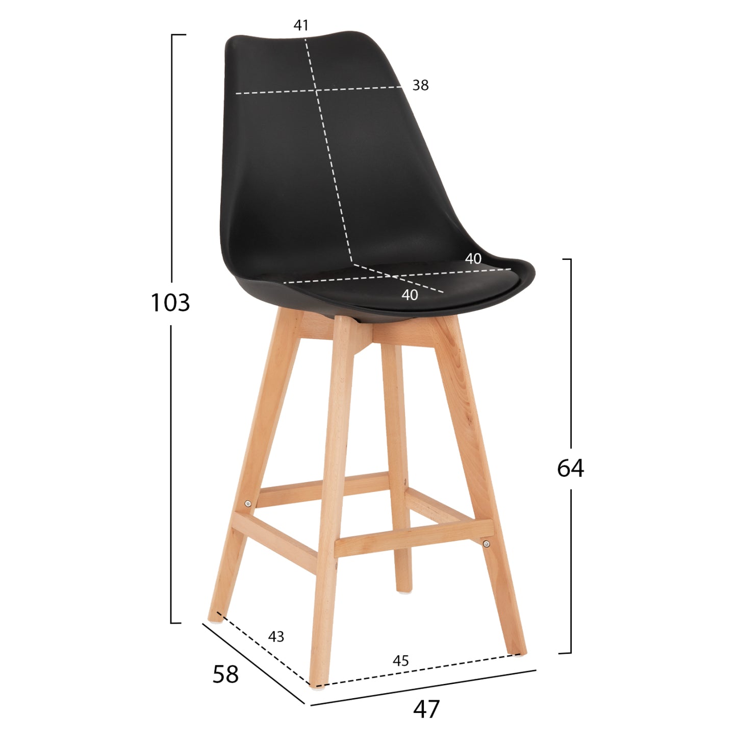 Bar Stool Vegas Hm8000.22 Medium Height Black Polypropylene Natural Beech Wood 47x58x100hcm.