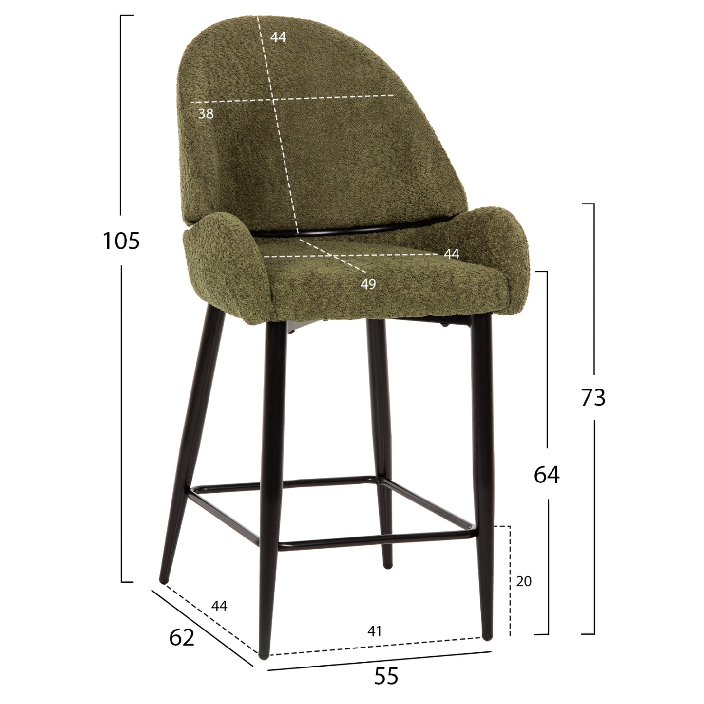 Bar Stool Medium Height ΗΜ8586.03 GreΕΝ Boucle Fabric-black Metal Legs 55x62x105h Cm