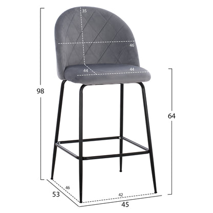 Bar Stool Middle Height Hm8732.11 With Metallic Legs & Velvet Grey 50x56x98 Cm.