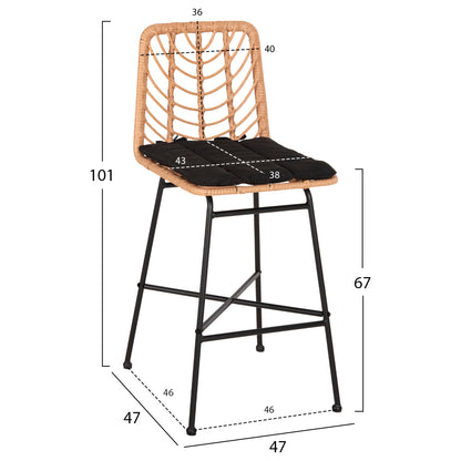 Bar Stool Med.height Gerald Hm5707.11 Metal&cushion In Black-wicker In Beige 47x47x101hcm.