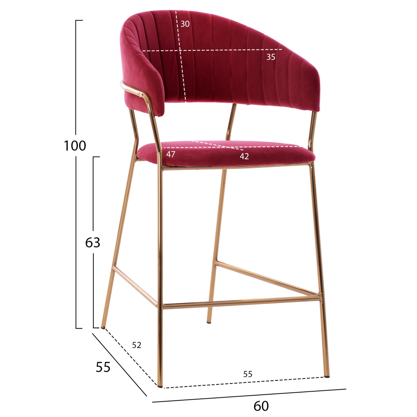 Bar Stool Med.height Theodore Hm8734.06 Burgundy Red Velvet--golden Metal Frame 60x55x100hcm.