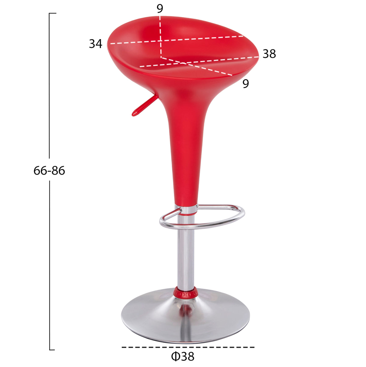 Bar Stool Daisy Hm200.04 With Height Adjustment In Red & Chrome Color 43.5x38x86hcm.