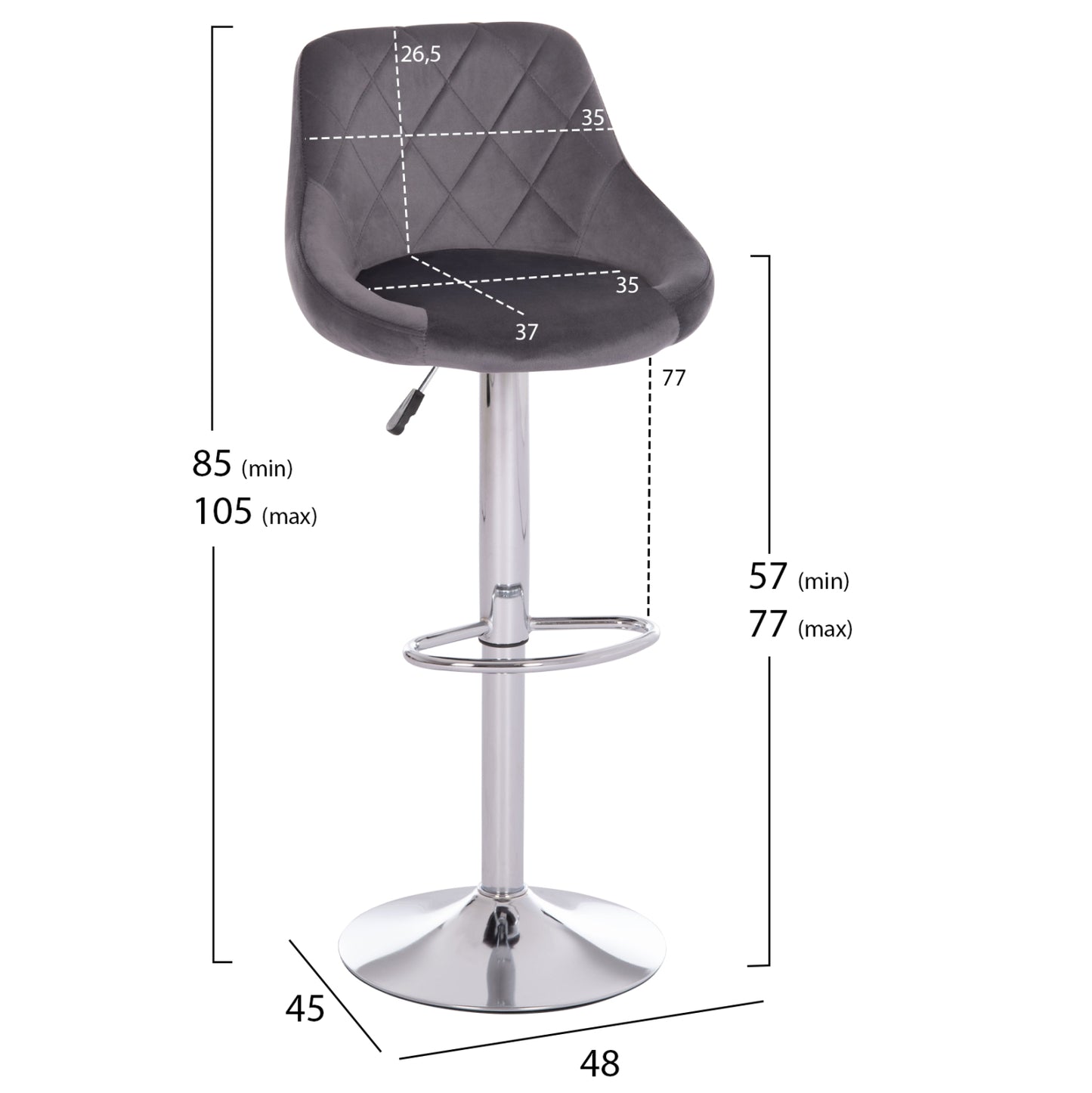 Bar Stool Rose Hm204.41 Chromed Base & Suspension & Grey Velvet 48x45x105hcm.