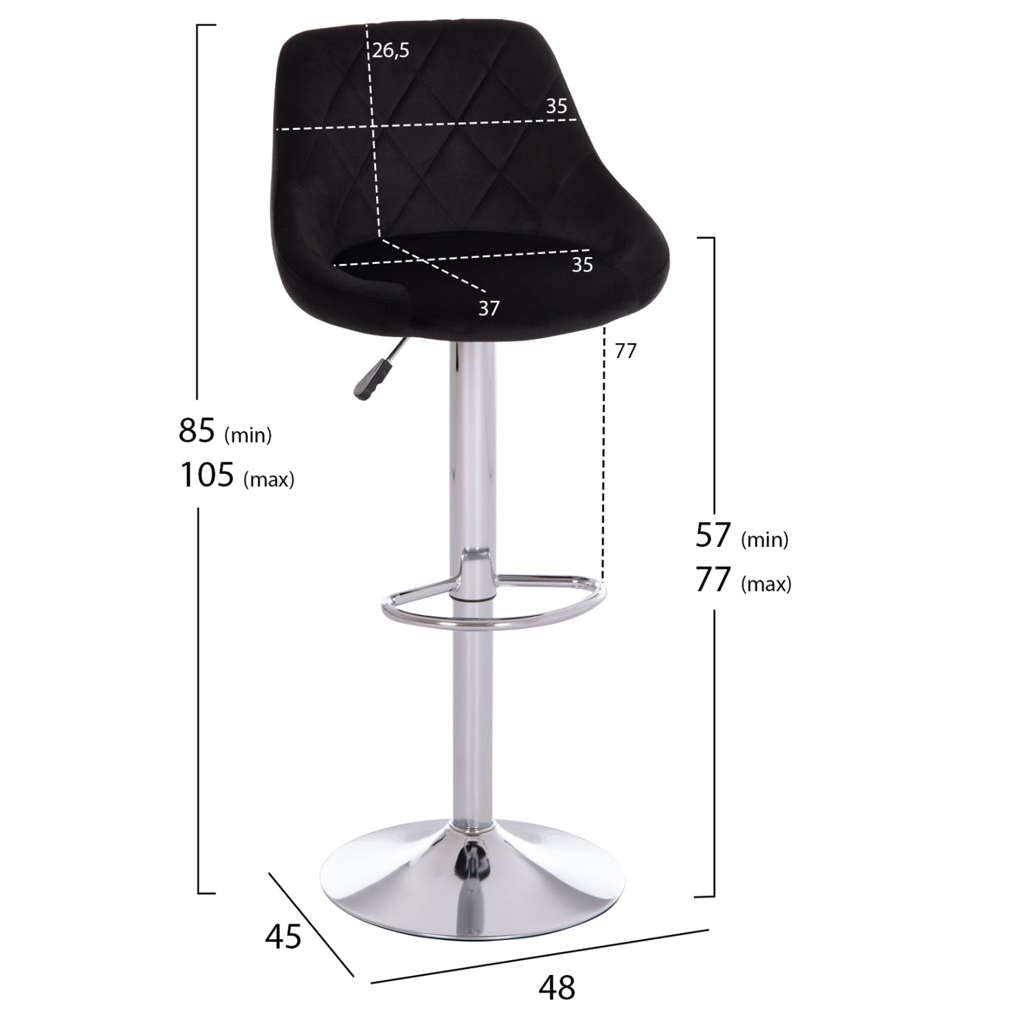Bar Stool Rose Hm204.44 Chromed Base & Suspension & Black Velvet 48x45x105hcm.