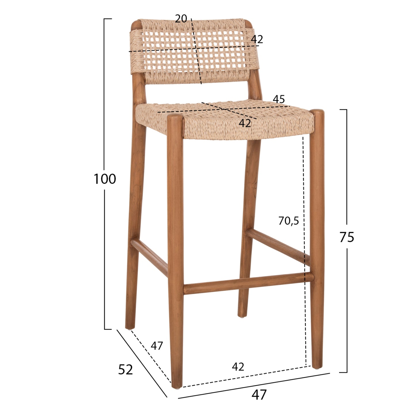 Bar Stool Rosco Hm6134 Teak Wood In Natural-viro Rope In Beige 47x52x100hcm.