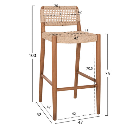 Bar Stool Rosco Hm6134 Teak Wood In Natural-viro Rope In Beige 47x52x100hcm.