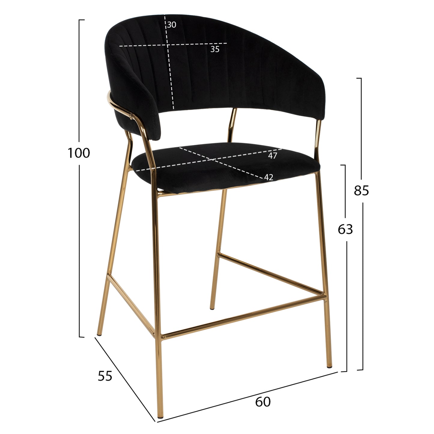 Bar Stool Theodore Hm8734.04 Black Velvet Gold Metal Frame 60x55x100hcm.