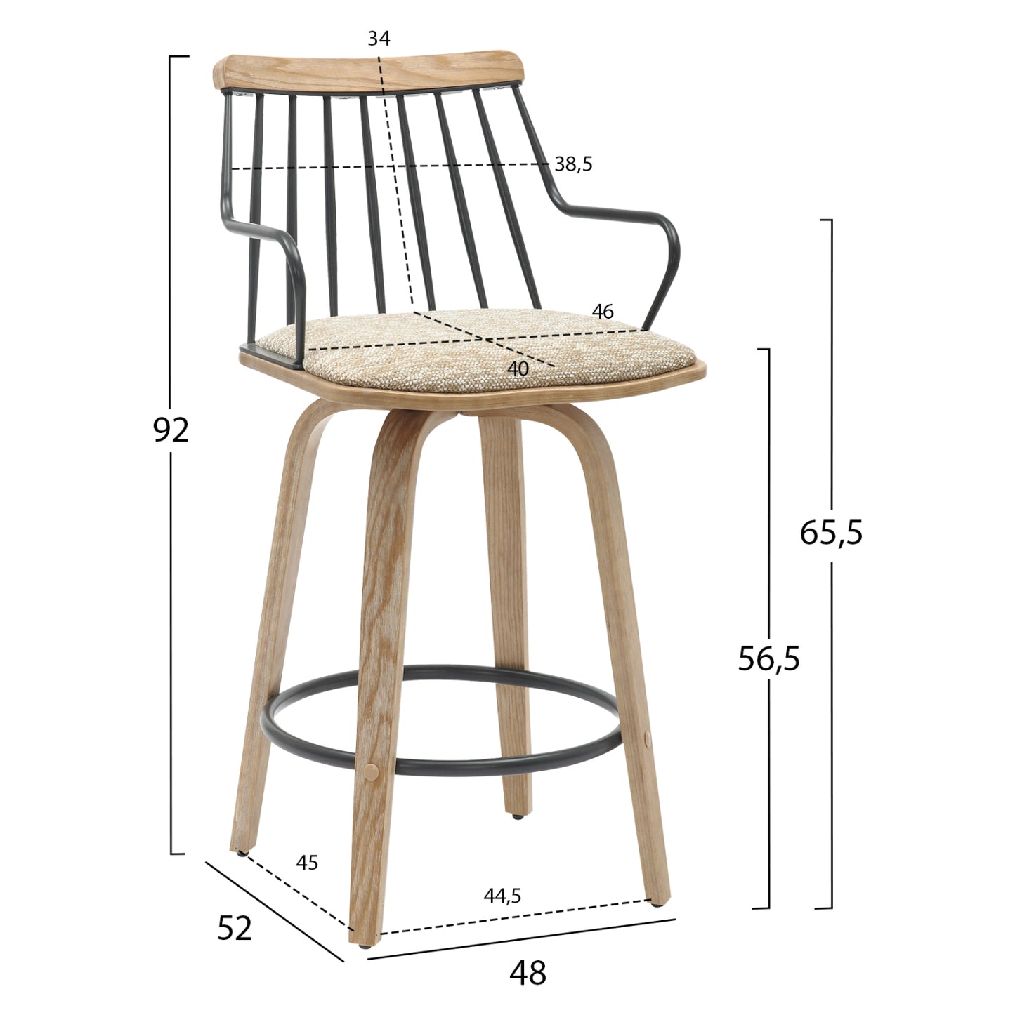 Bar Stool Judi Hm9985.01 Plywood In Whitewash-black Metal-beige Fabric 48x52x92hcm.