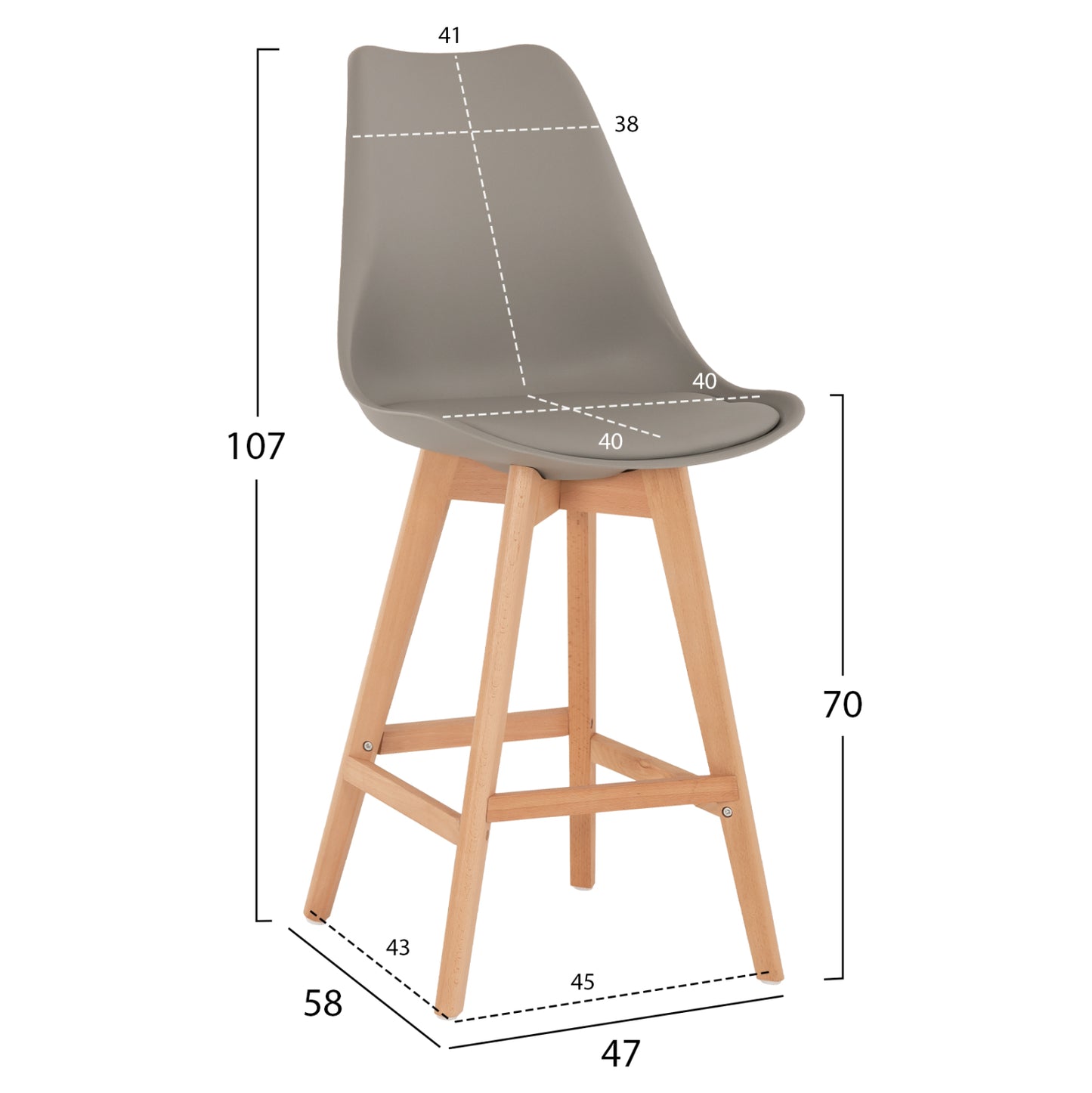Bar Stool Vegas Hm8000.30 Grey Polypropylene- Beech Wood In Natural Color 47x58x107hcm.