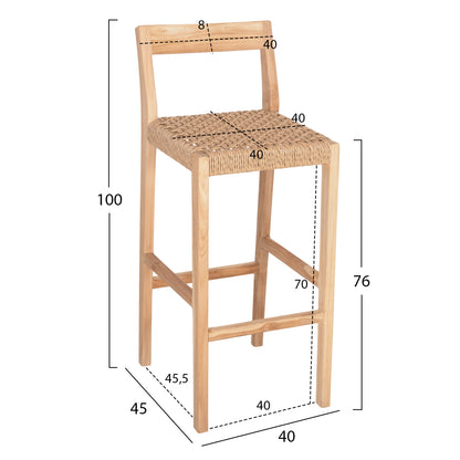 Bar Stool With Backrest Plered Hm6129 Teak Wood & Viro Rope 40x45x100hcm.
