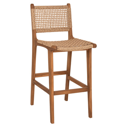 Bar Stool With Backrest Nesha Hm9788 Teak Wood In Natural-beige Rope 45x57x110hcm.