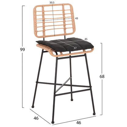 Bar Stool Medium Height Allegra Hm5709.11 Metal&cushion Black-wicker Beige 46x46x99hcm.
