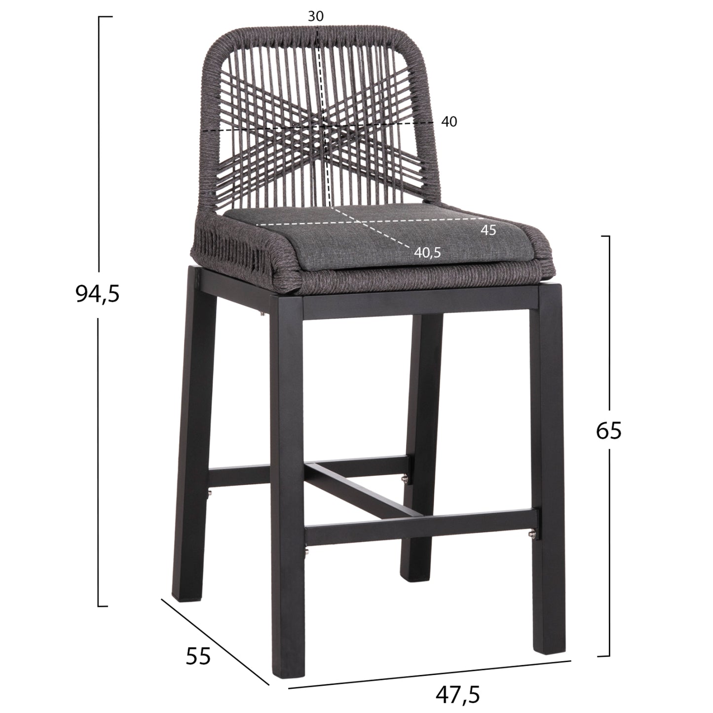 Bar Stool Medium Height Howard Hm5791.23 Aluminum In Black--dark Grey Rope 47.5x55x94.5hcm.