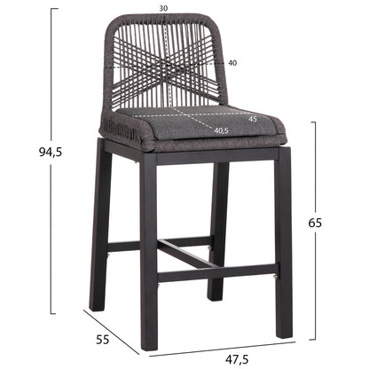 Bar Stool Medium Height Howard Hm5791.23 Aluminum In Black--dark Grey Rope 47.5x55x94.5hcm.