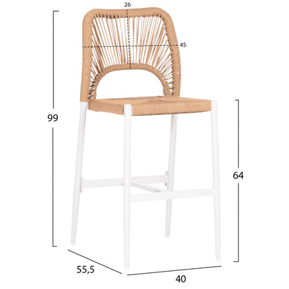 Bar Stool Medium Height Nojo Hm5920.01 White Aluminum--beige Synthetic Rattan 40x55.5x99hcm.