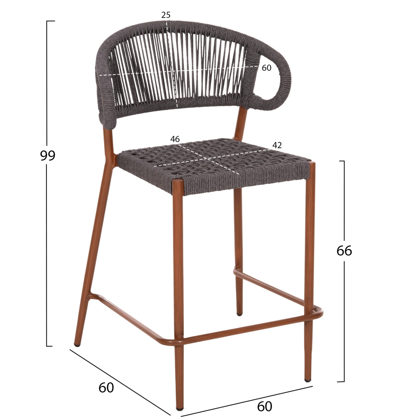 Bar Stool Medium Height Eulo Hm6087.01 Aluminum In Walnut-synthetic Rattan In Grey 60x60x99hcm.