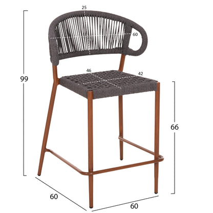 Bar Stool Medium Height Eulo Hm6087.01 Aluminum In Walnut-synthetic Rattan In Grey 60x60x99hcm.