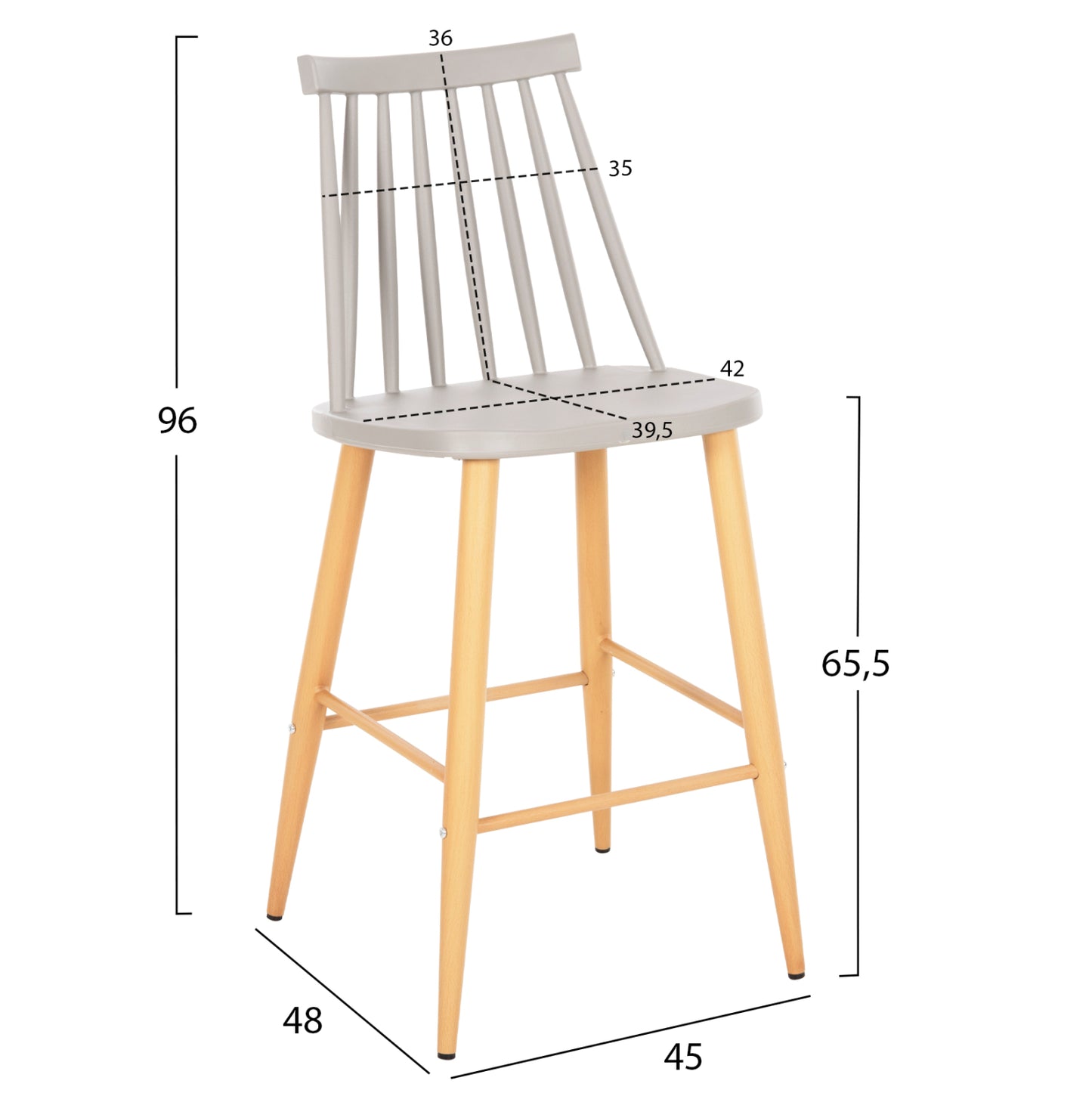 Bar Stool Medium Height Vanessa Hm9300.10 Grey Polypropylene & Metal In Natural Wood 45x48x96hcm.
