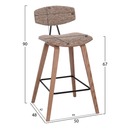 Bar Stool Med.height Inover Hm9984.01 Plywood In Whitewash--brown Fabric 50x48x90hcm.