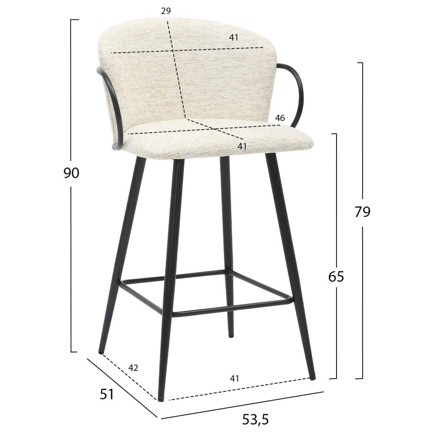 Bar Stool Med.height Nebor Hm9986.02 Black Metal Frame-ecru Fabric 53,5x51x90hcm.