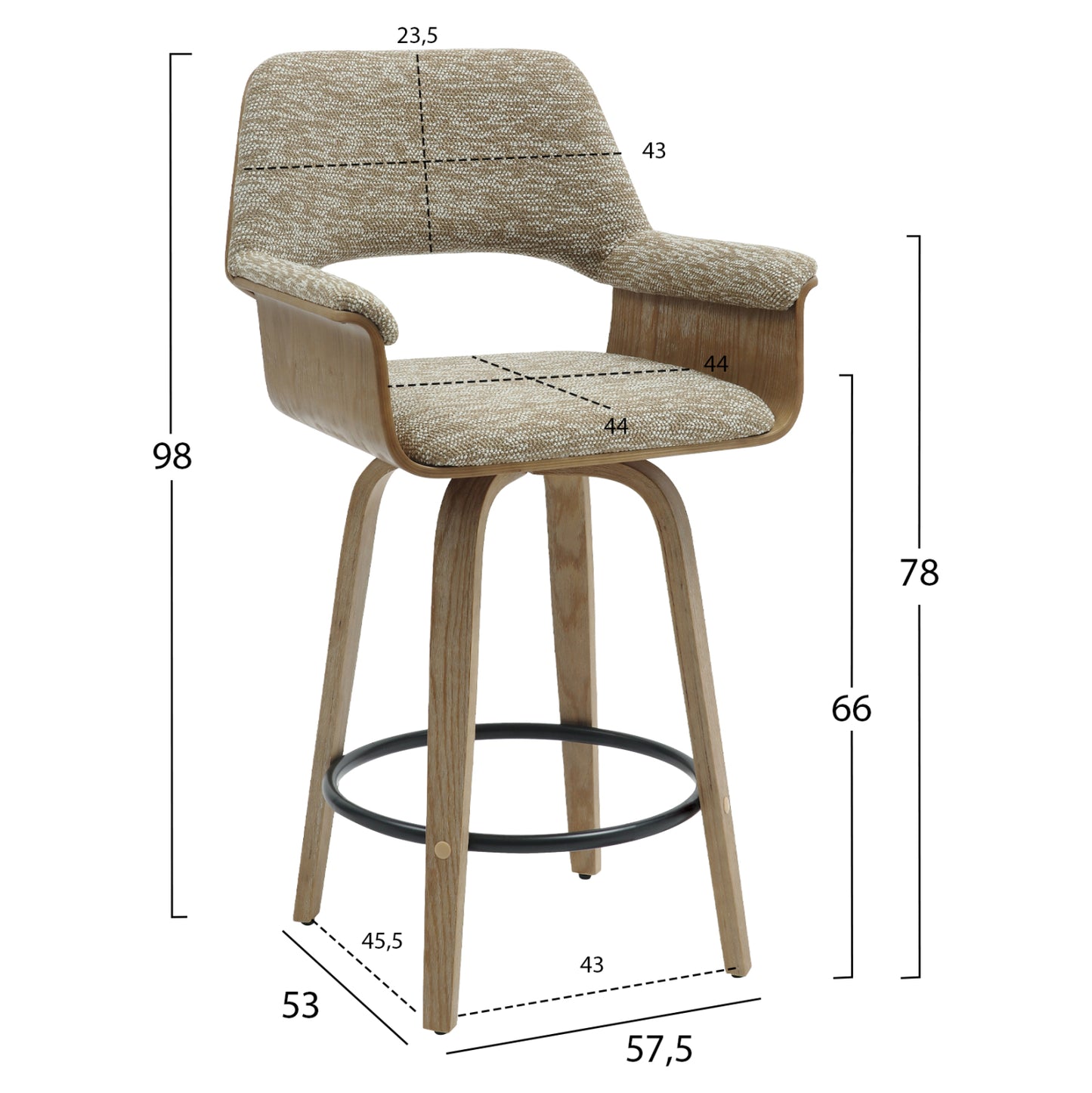 Bar Stool Med.height Clipp Hm9987.01 Whitewash Plywood-beige Fabric 57,5x53x98hcm.
