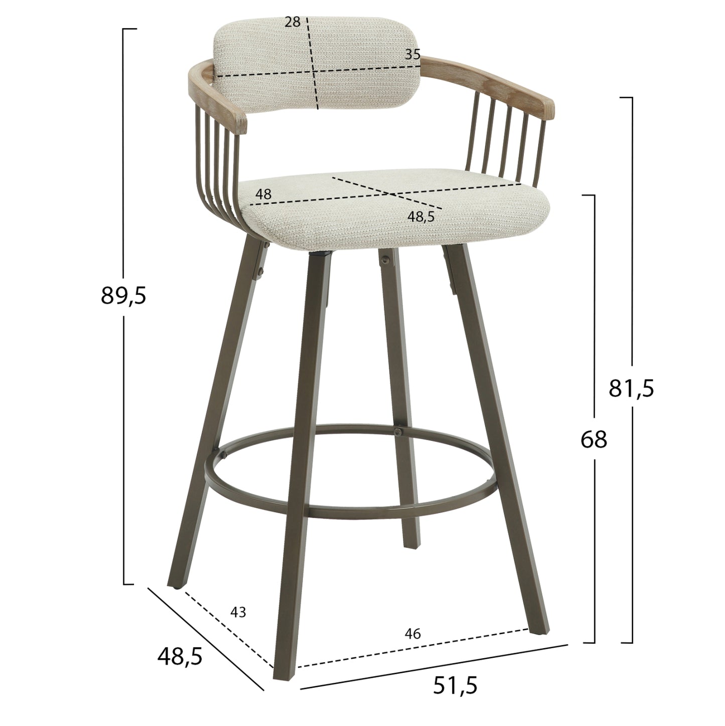 Bar Stool Swivel Lang Hm9990.01 Antique Copper Metal Frame-ecru Fabric 51,5x48,5x89,5hcm.