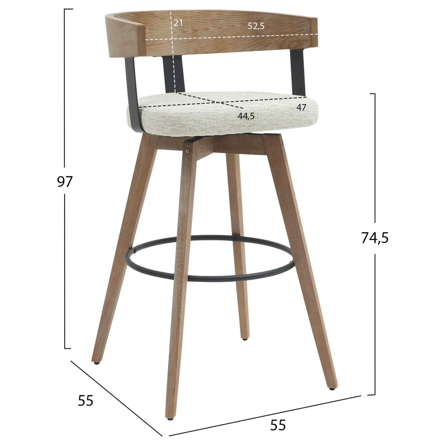 Bar Stool Medium Height Swivel Lani Hm9988.01 Beech Wood Legs-plywood Back-ecru Fabric Seat 55x55x97hcm.