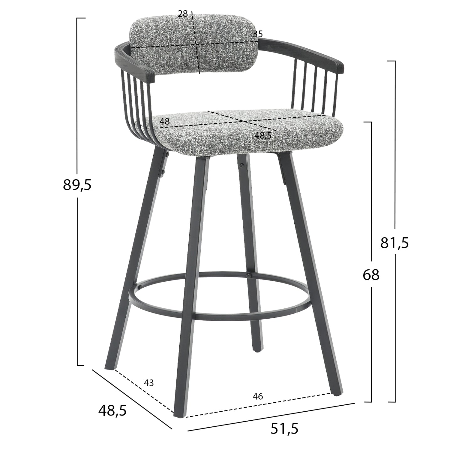 Bar Stool Swivel Lang Hm9990.02 Black Metal Frame-grey Fabric 51,5x48,5x89,5hcm.