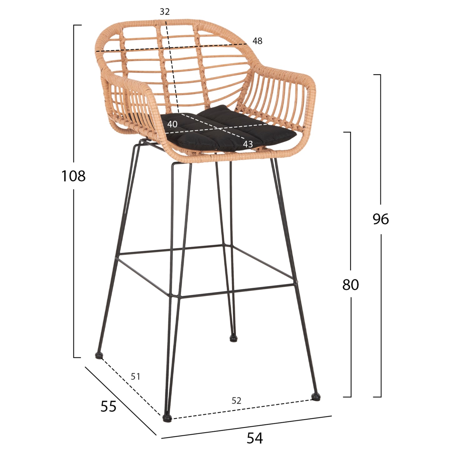 Bar Stool (high Seat) Allegra Hm5640.11 P.e.rattan In Beige-black Metal 54x55x108hcm.