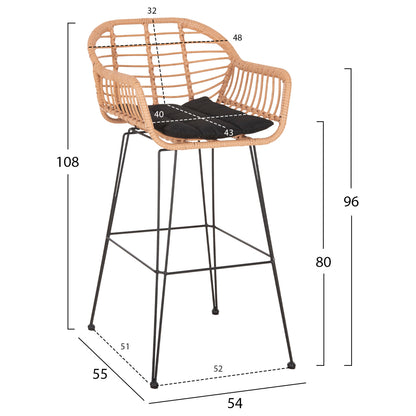 Bar Stool (high Seat) Allegra Hm5640.11 P.e.rattan In Beige-black Metal 54x55x108hcm.