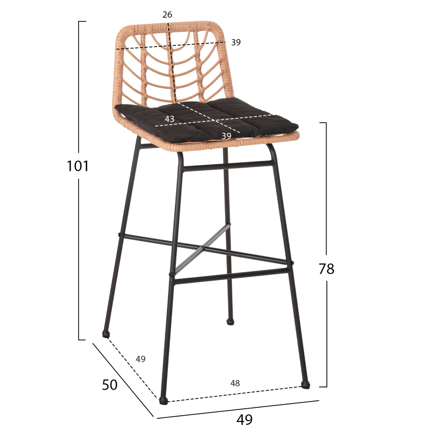 Bar Stool High Seat Gerald Hm5706.11 Metal&cushion In Black-wicker In Beige 49x50x101hcm.