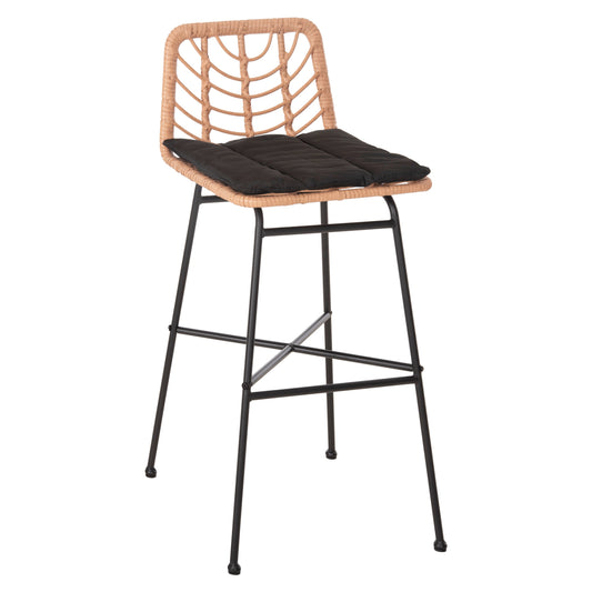 Bar Stool High Seat Gerald Hm5706.11 Metal&cushion In Black-wicker In Beige 49x50x101hcm.