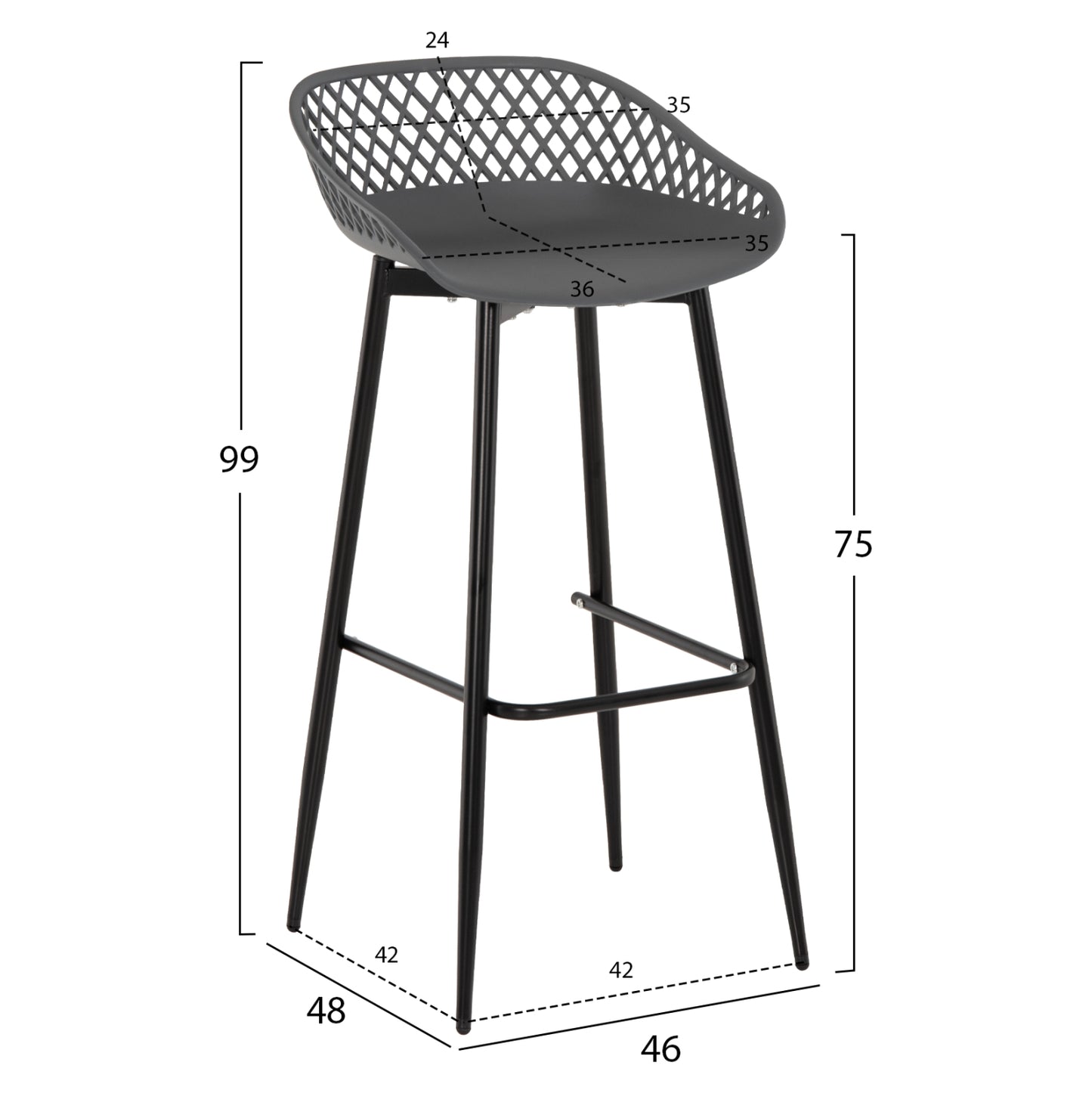 Bar Stool Avaya Hm8686.20 Grey Polypropylene-black Metal Legs 46x48x99hcm.