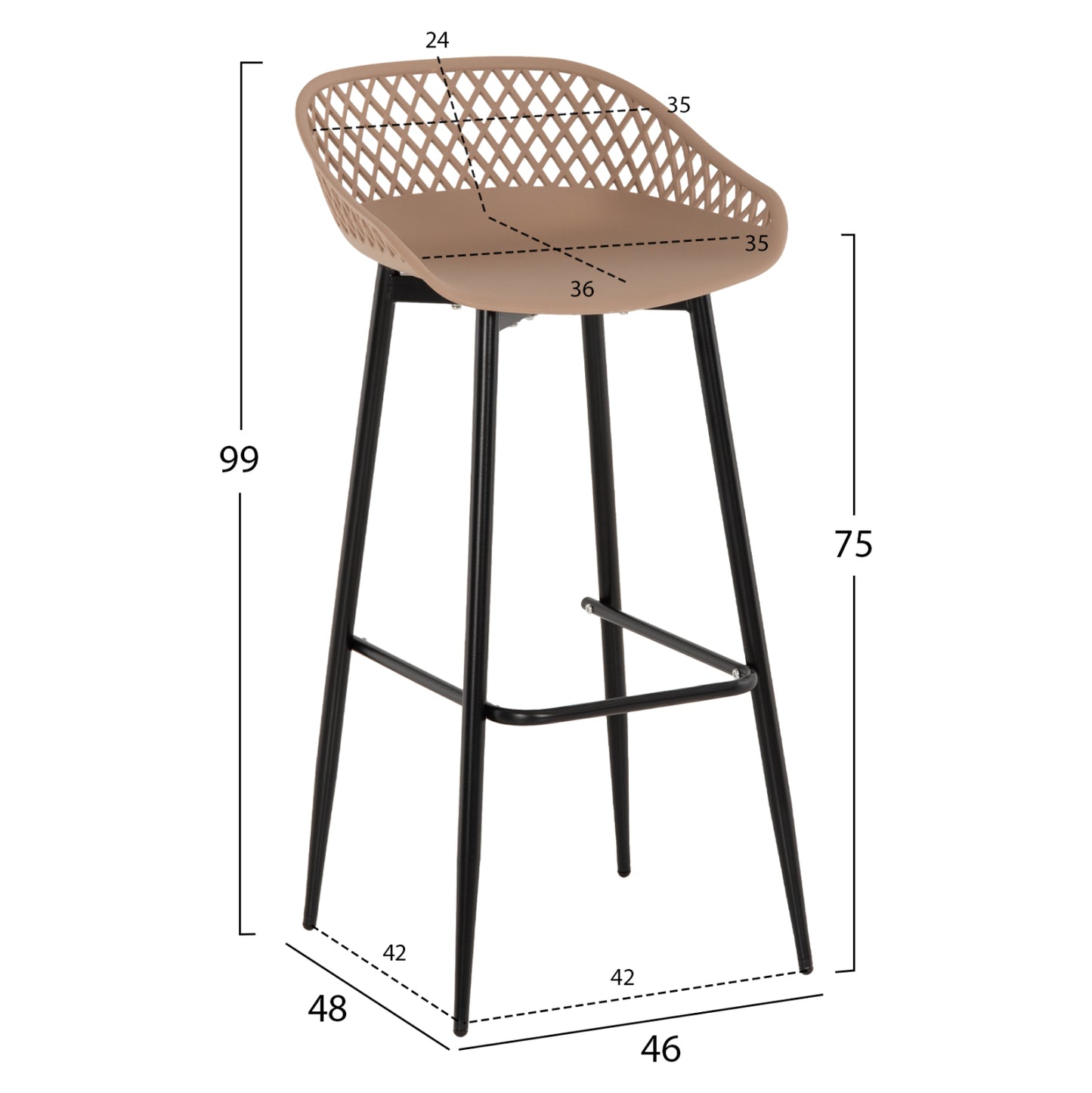 Bar Stool Avaya Hm8686.13 Cappuccino Polypropylene-black Metal Legs 46x48x99hcm.
