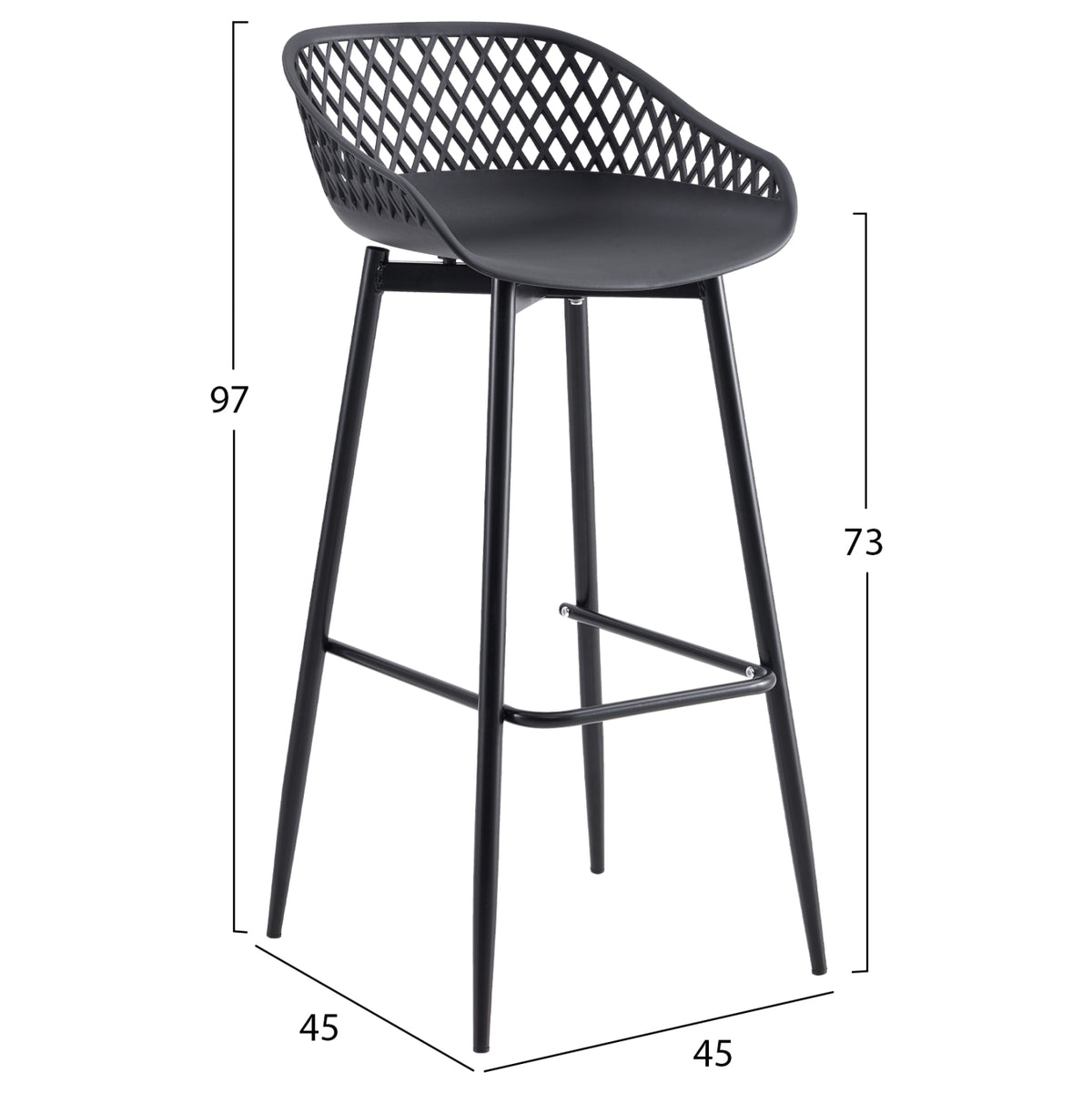 Bar Stool Avaya Hm8686.12 Black Polypropylene And Black Metal Legs 45x45x97hcm.