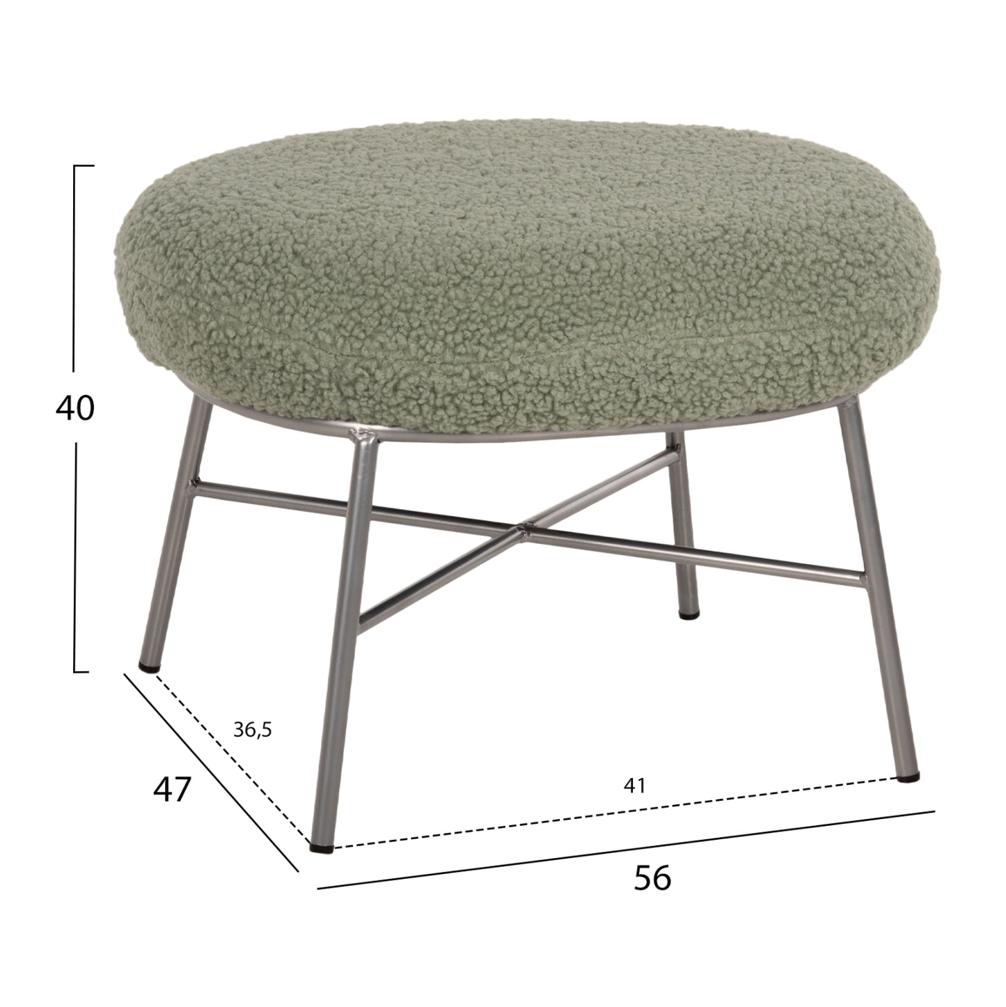 Stool Footrest Trudi Hm8640.27 Pistachio Green Boucle Fabric And Silver Metal Base 56x47x40hcm.