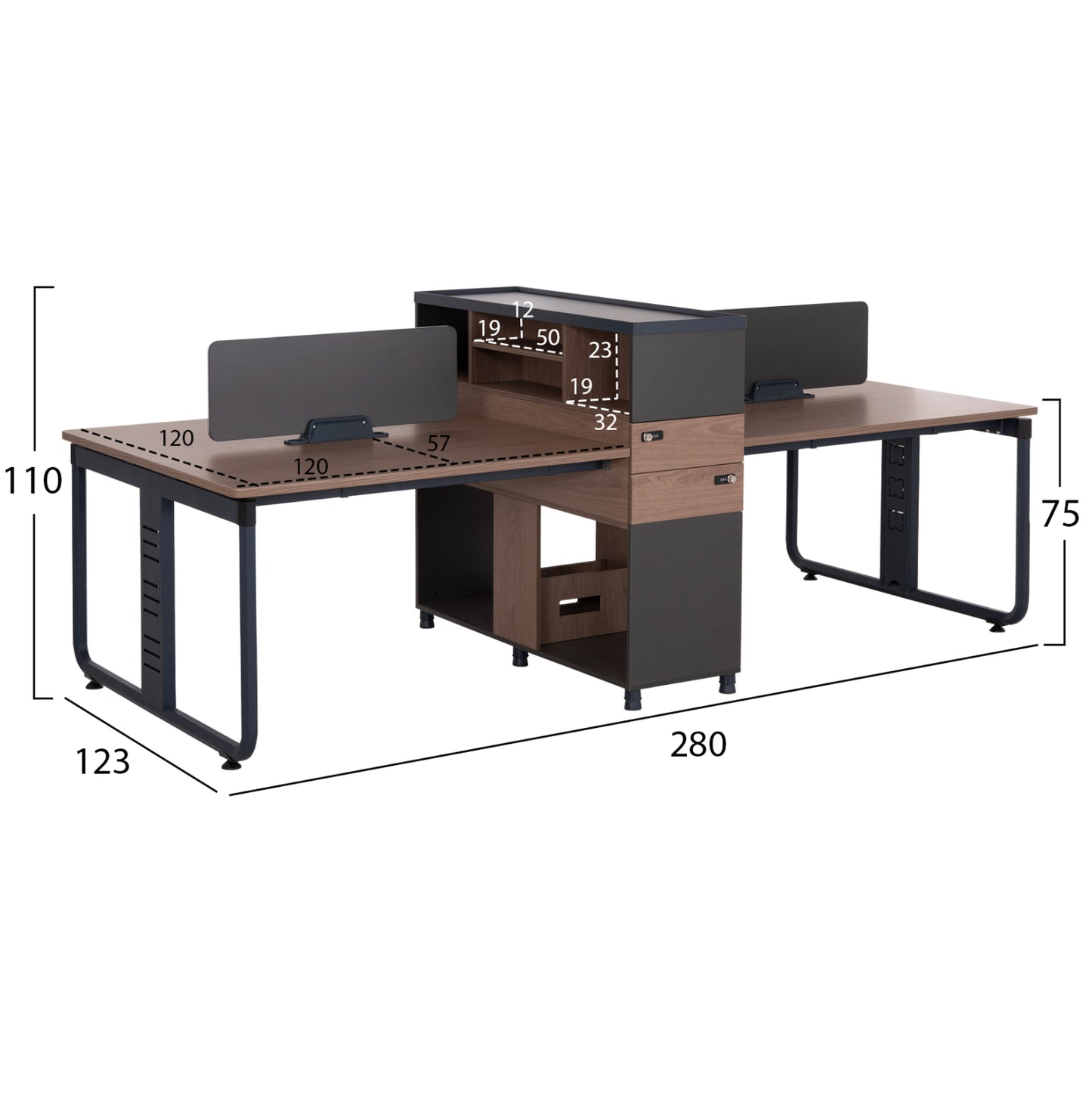 Workstation 4-seater Mavix Hm2158 Melamine-metal In Grey/walnut 280x123x110hcm.