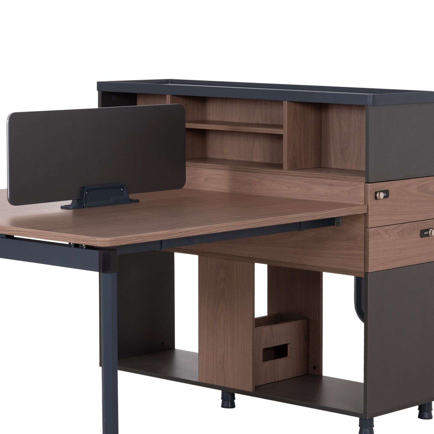 Workstation 4-seater Mavix Hm2158 Melamine-metal In Grey/walnut 280x123x110hcm.
