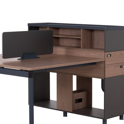 Workstation 4-seater Mavix Hm2158 Melamine-metal In Grey/walnut 280x123x110hcm.