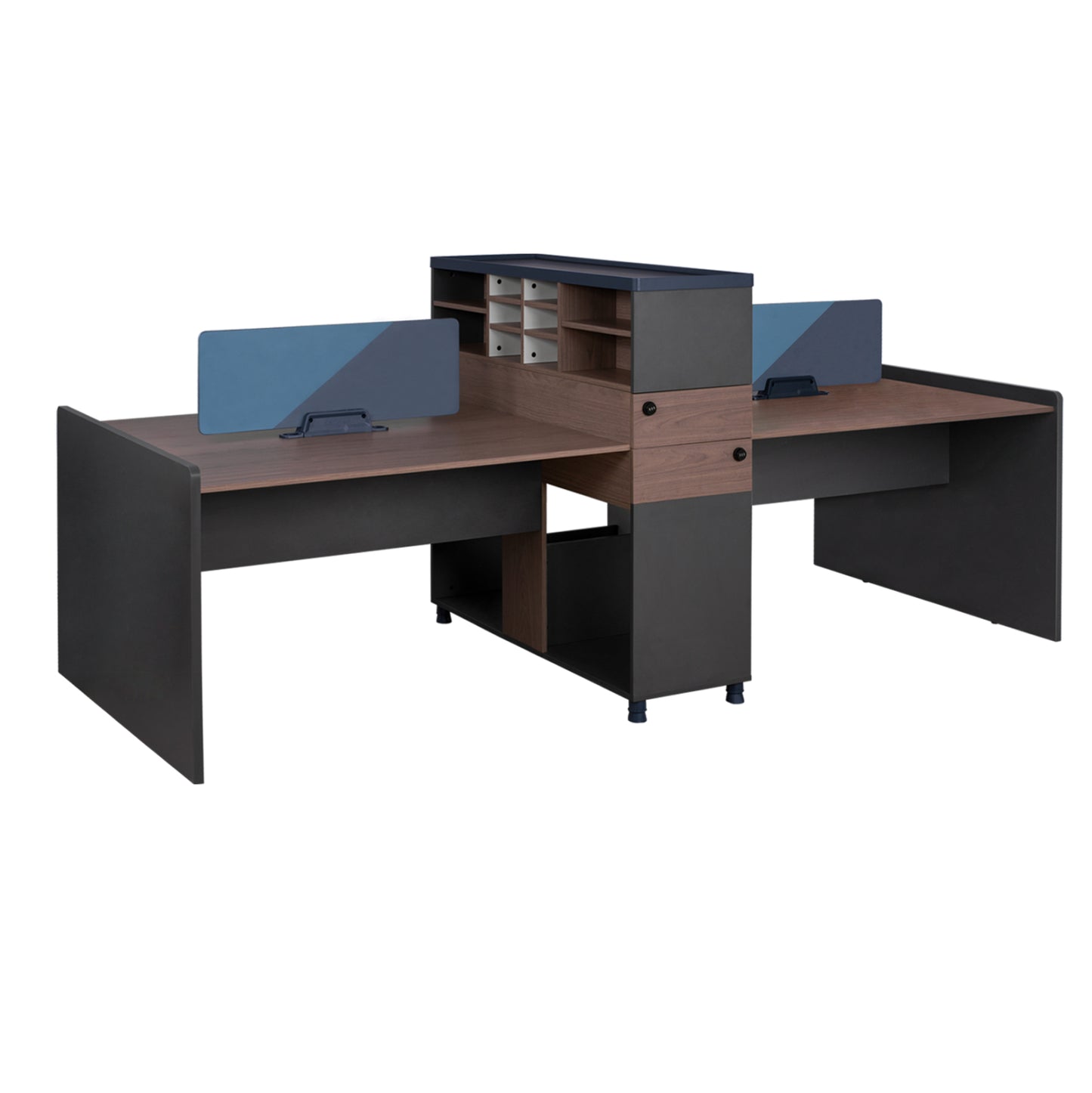 Office Workstation Double Walnut And Grey With Partition & Cabinets 284x120x120 Hm2102