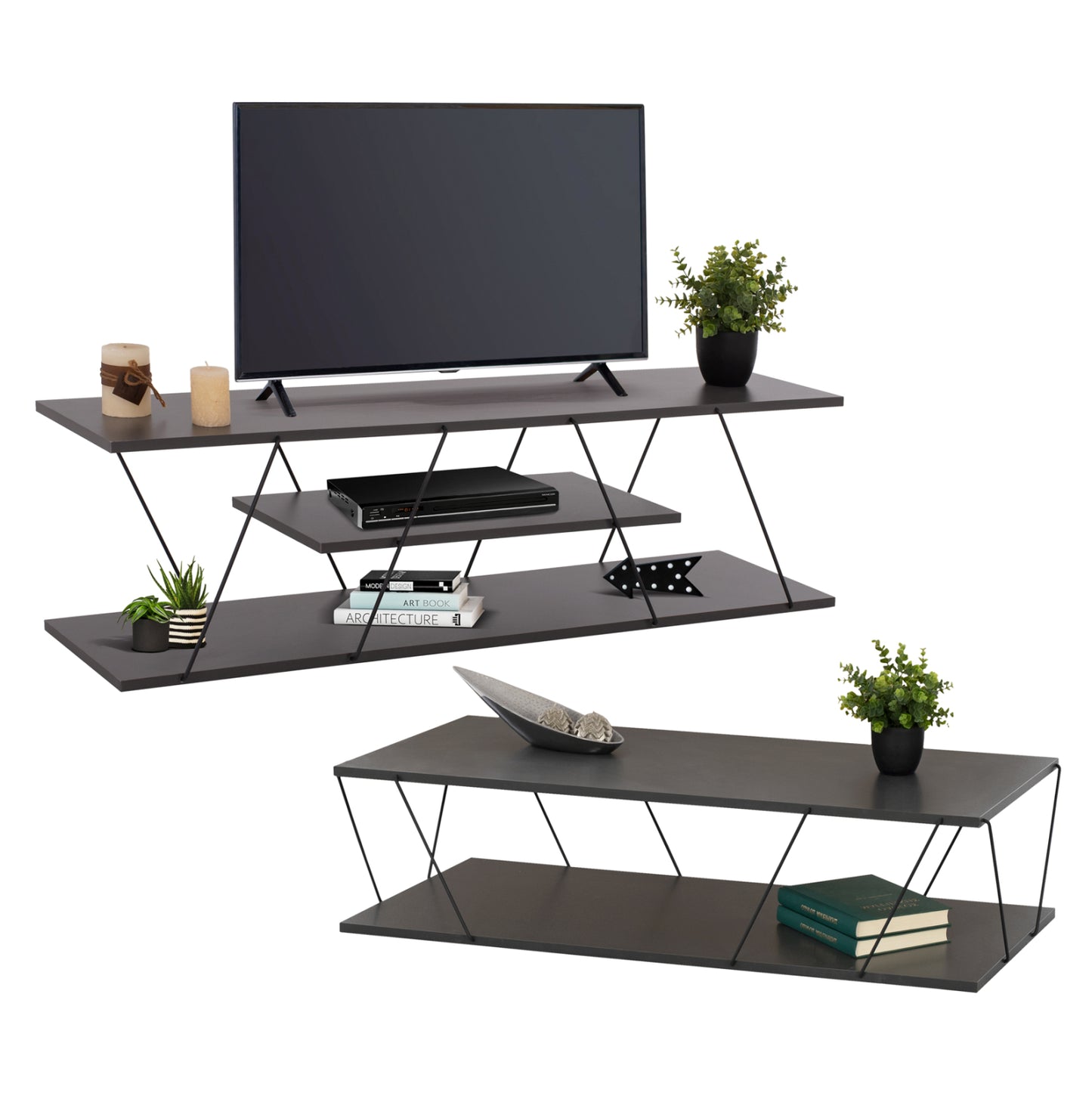 Living Room Composition 2pcs Tars Hm11771.20 Melamine/metal In Dark Grey-black