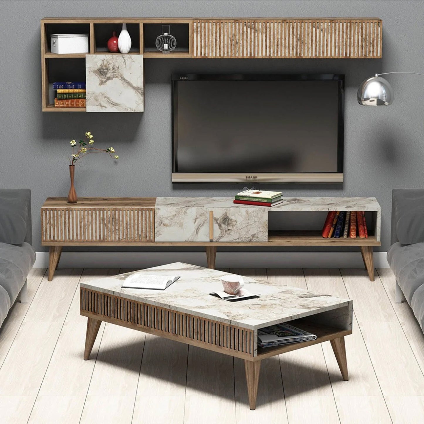 Living Room Composition Hm11847.03 2pcs In Walnut-white Marble Look
