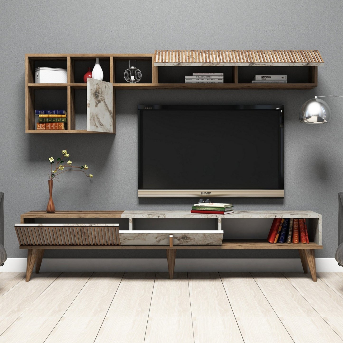 Living Room Composition Hm11847.03 2pcs In Walnut-white Marble Look