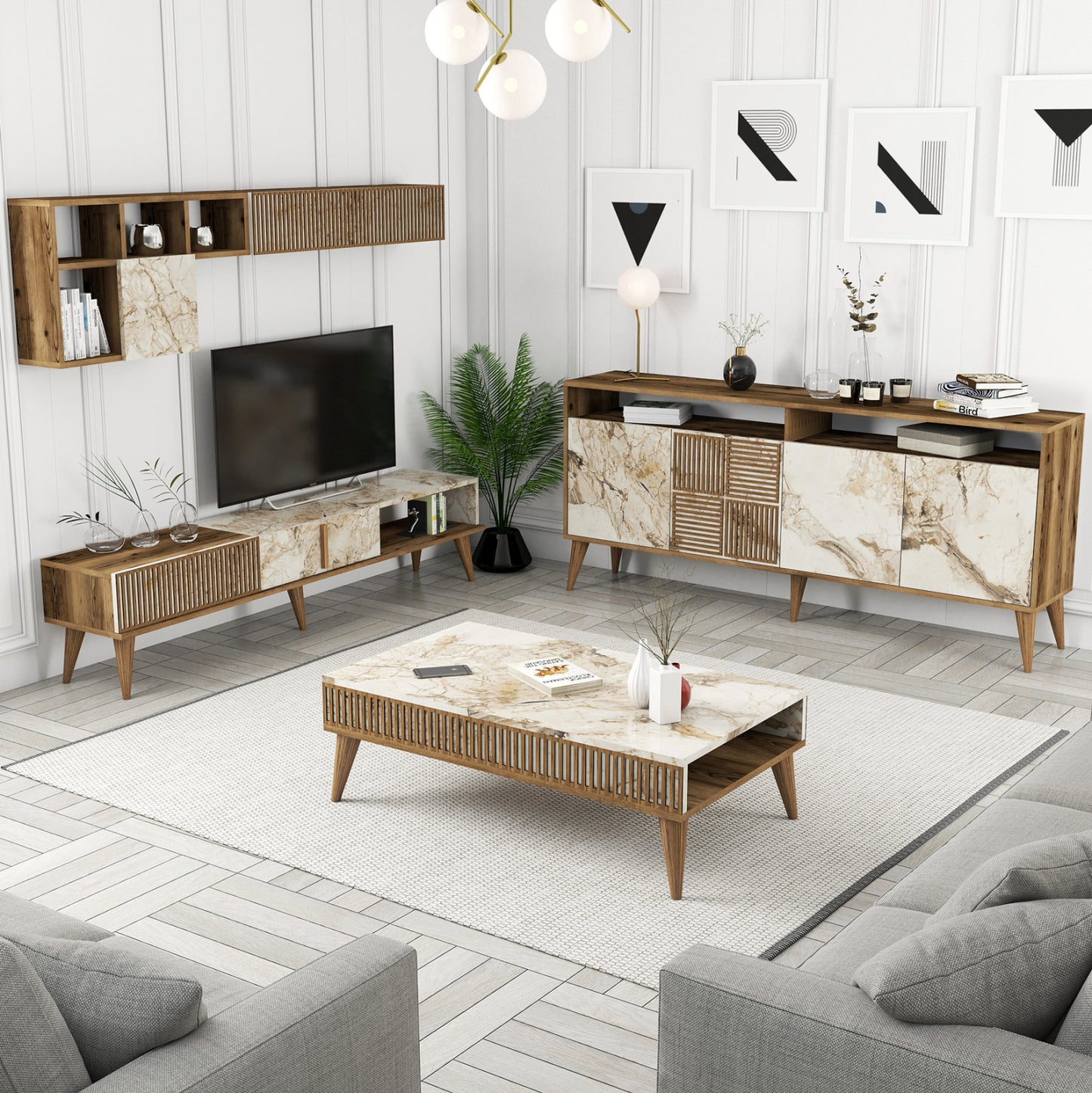 Living Room Composition Hm11845.03 3pcs Walnut-white Marble Look