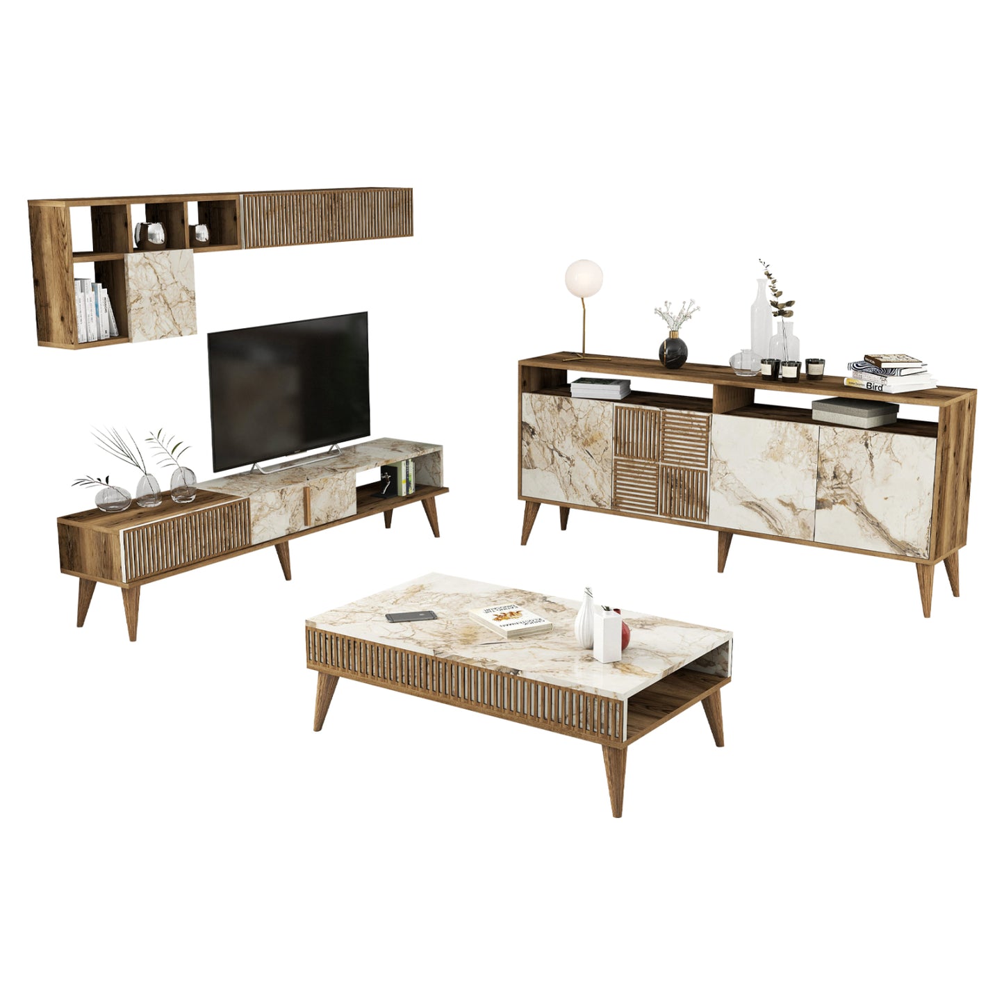 Living Room Composition Hm11845.03 3pcs Walnut-white Marble Look