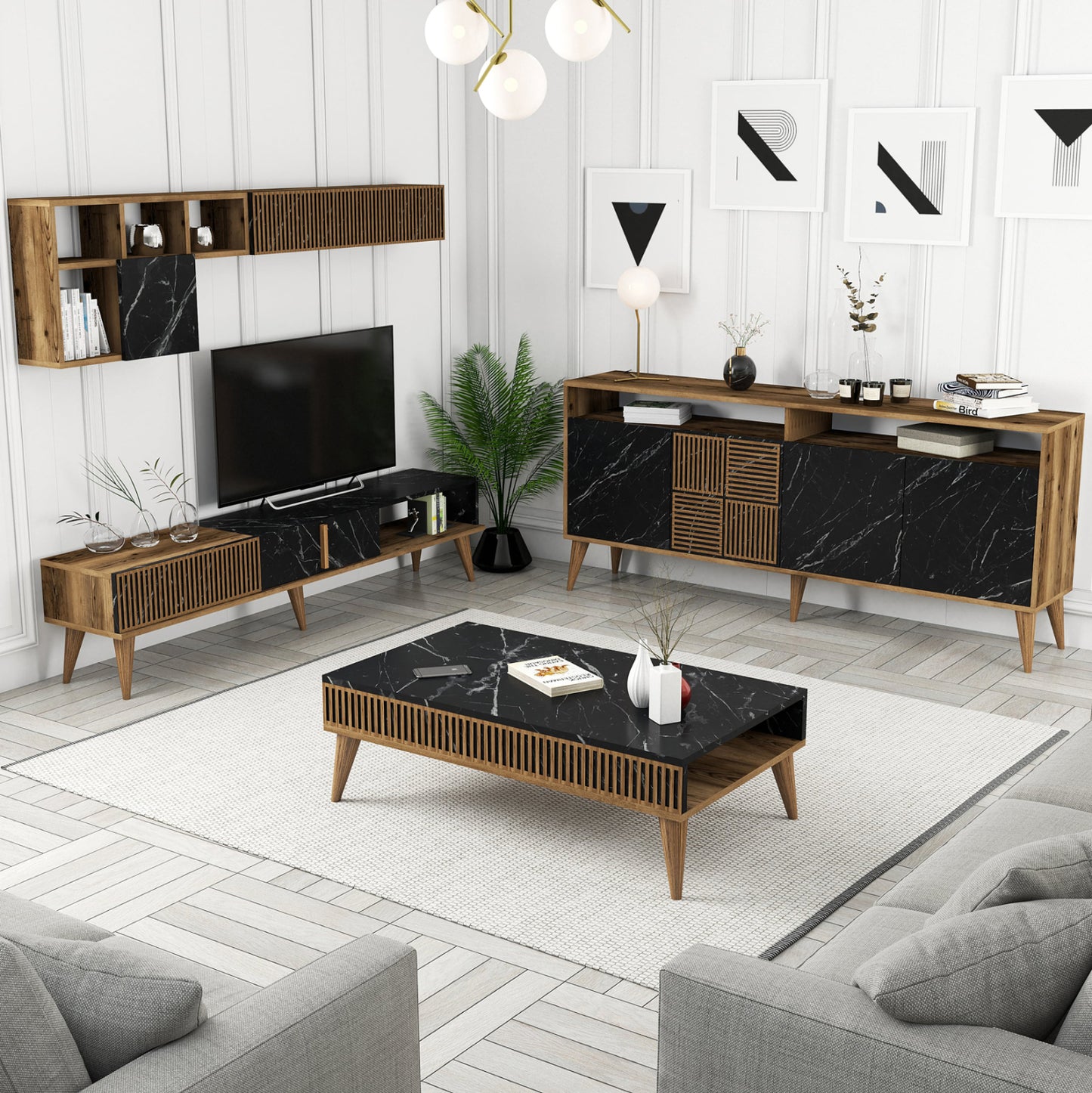 Living Room Composition Hm11845.02 3pcs Walnut-black Marble Look