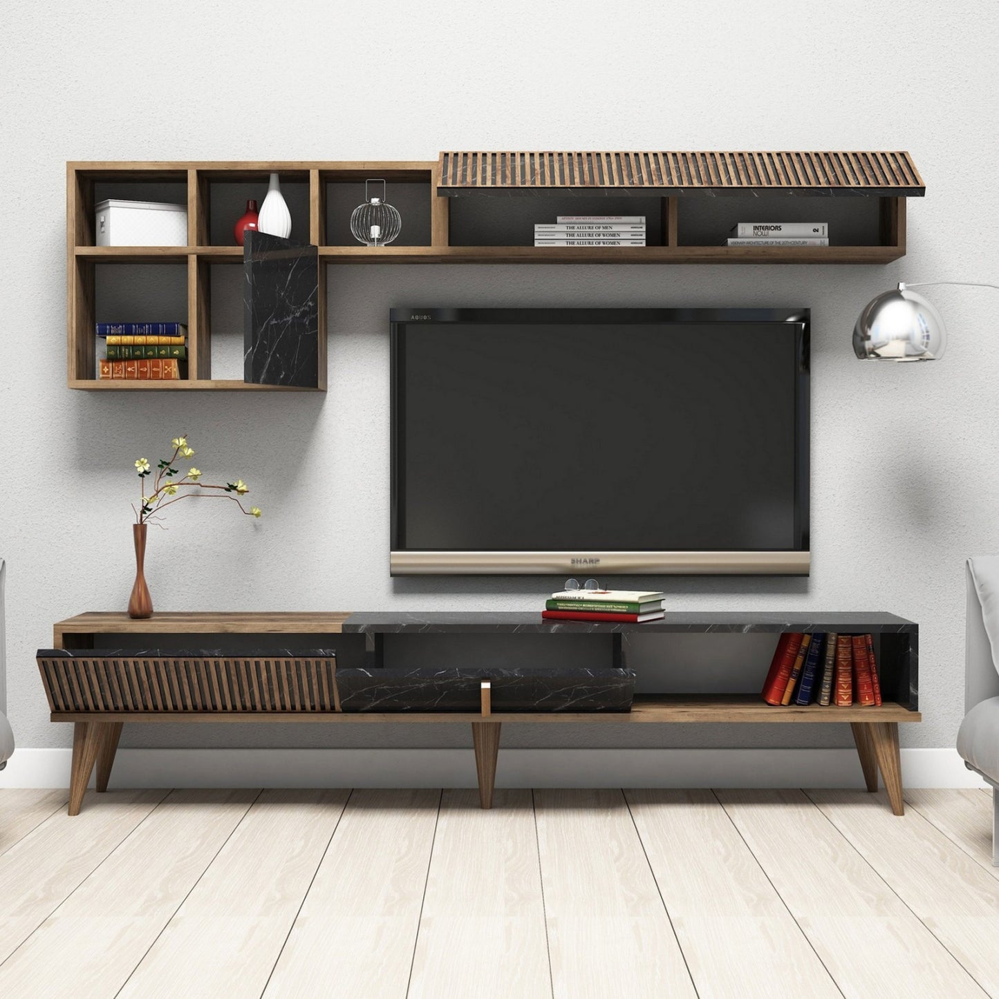 Living Room Composition Hm11845.02 3pcs Walnut-black Marble Look